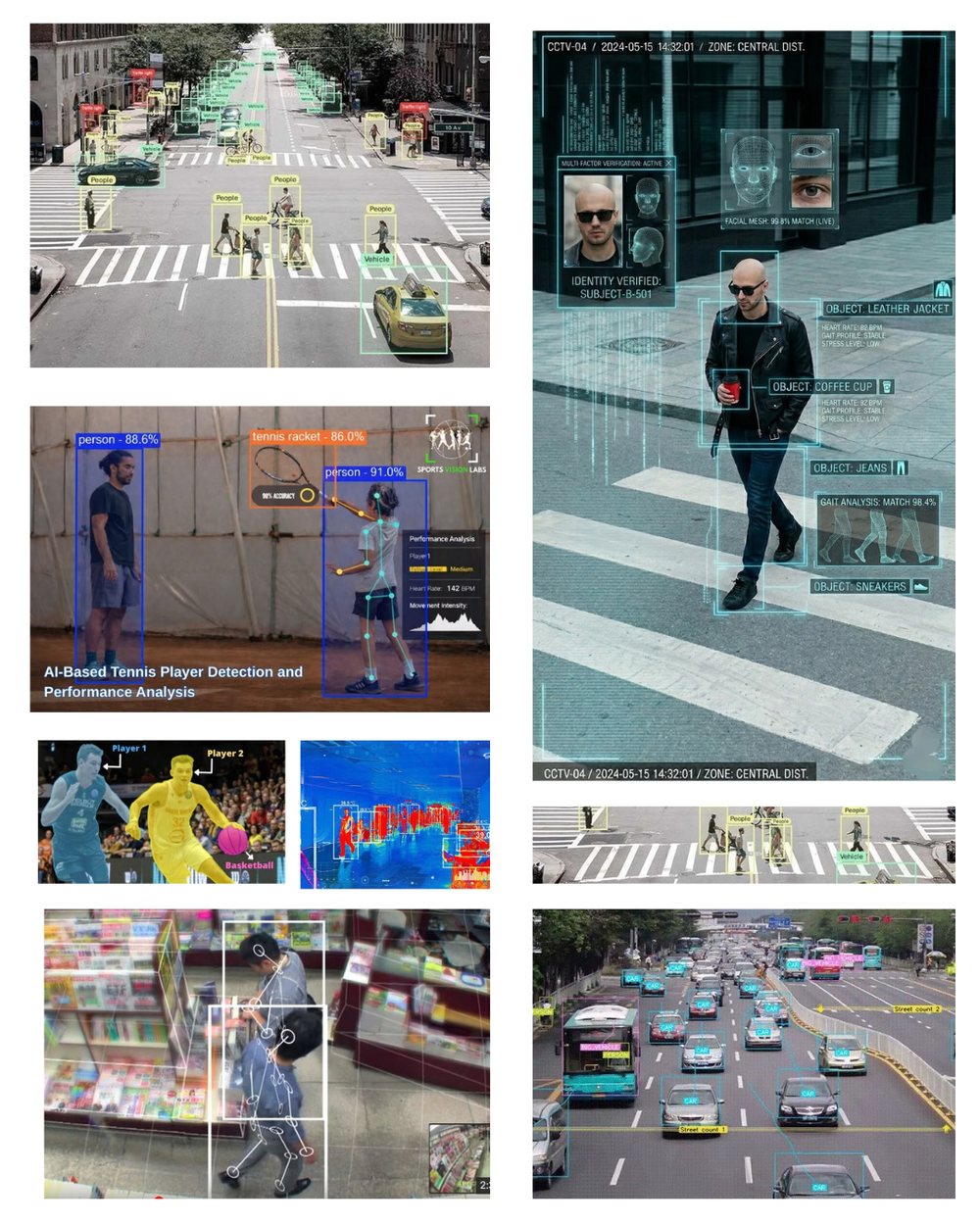 A collage of annotated images with bounding boxes, pose skeletons and segmentation on street, sports and store scenes