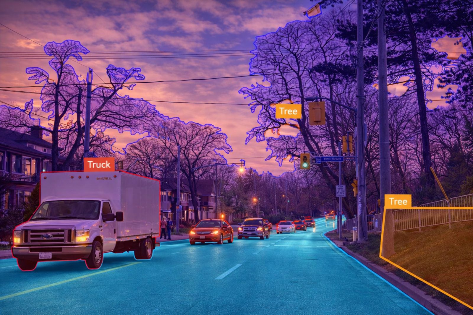 Polygon annotations outlining vehicles and pedestrians across a purple-lit urban street scene.