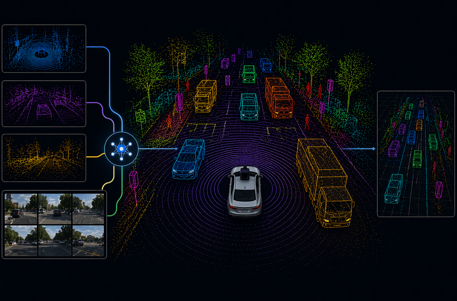 Sensor-fusion scene: four LiDAR sweeps and a multi-camera rig on the left feed into a fusion hub, producing a co-registered 3D scene with coloured cuboids around cars, trucks, cyclists, and pedestrians, and a downstream output view on the right.